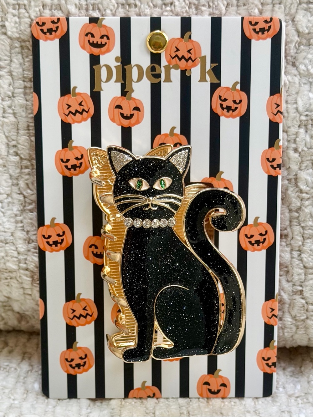 Piper K Black Cat Hair Claw Clip Metal Black Gold Enamel Crystal Halloween NWT